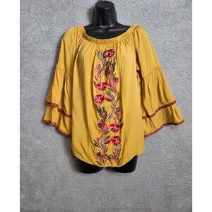 Solitaire Blouse Womens L Embroidered Floral Peasant Top Tiered Bell Sleeves